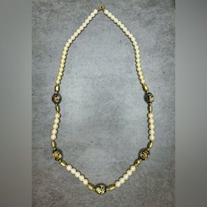 Vintage “Japan” Faux Pearl Necklace w/ Hand-Painted Floral Glass Beads